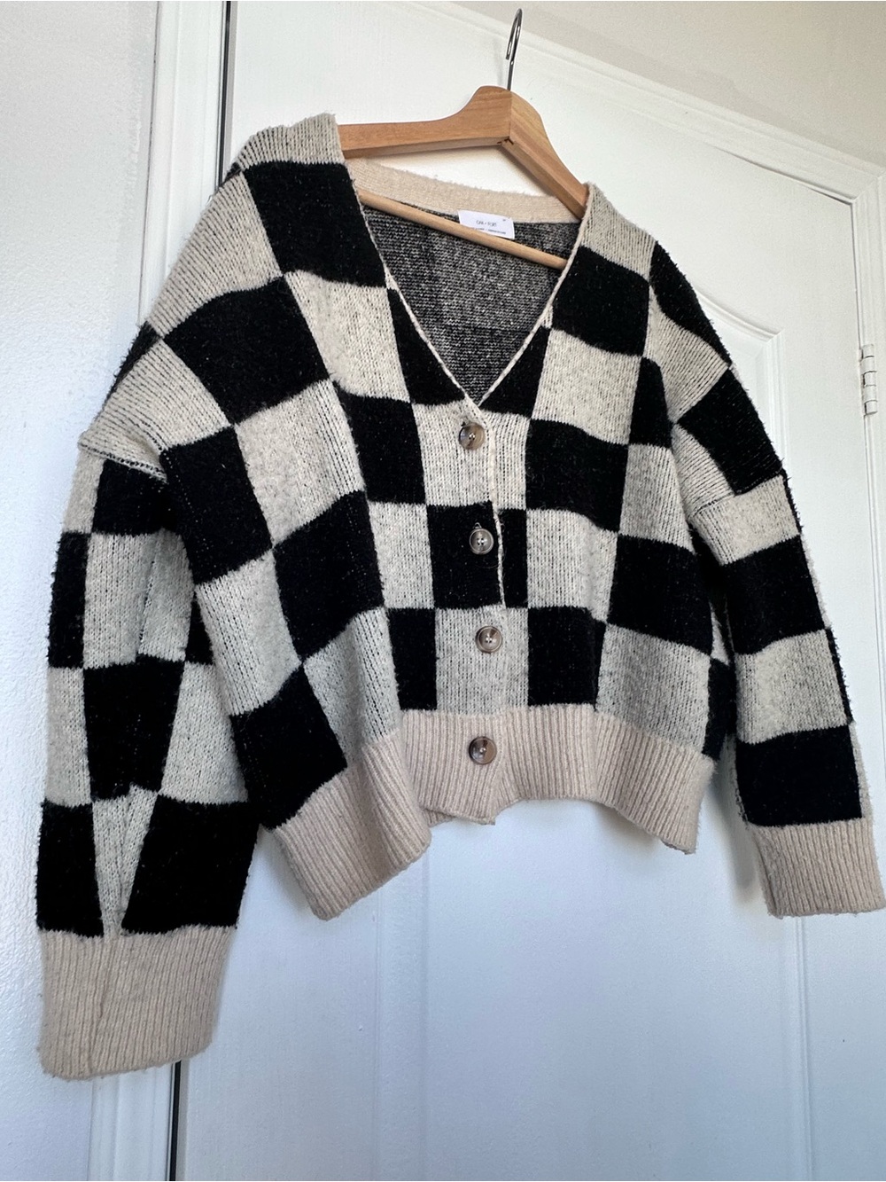 OAK + FORT Black & Cream Checkerboard V-Neck Cardigan - Picture 4 of 5